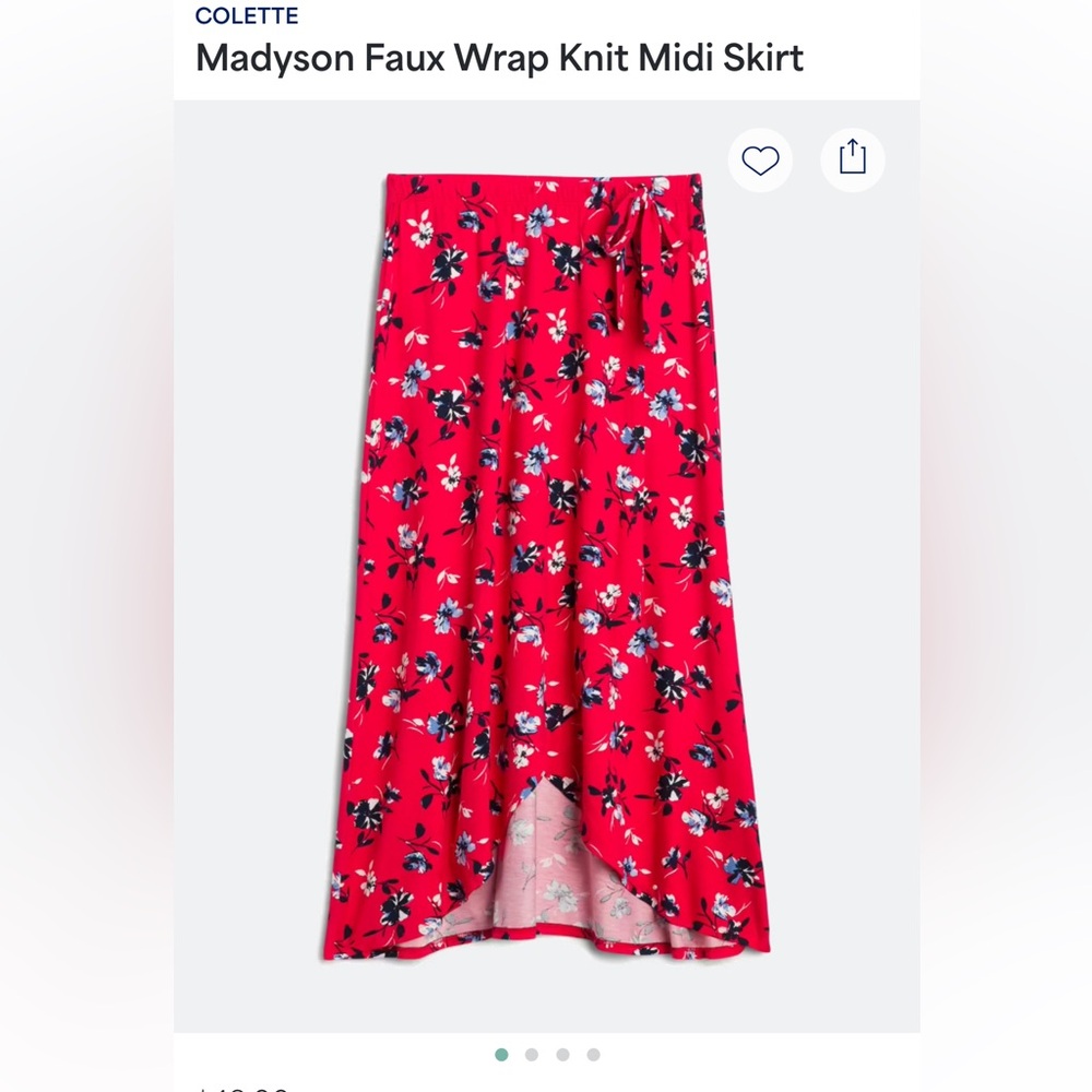 Collette midi skirt in red floral, size extra small petite. Slit and bow details